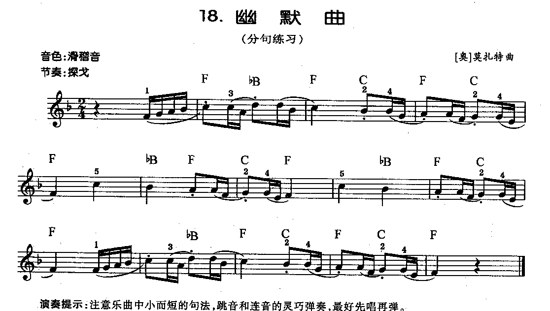 少儿电子琴初级练习曲谱《幽默曲》分句练