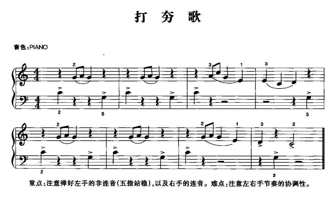 电子琴乐曲谱《打夯歌》五线谱