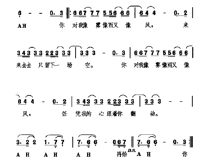 中国经典情歌简谱《像雾像雨又像风》