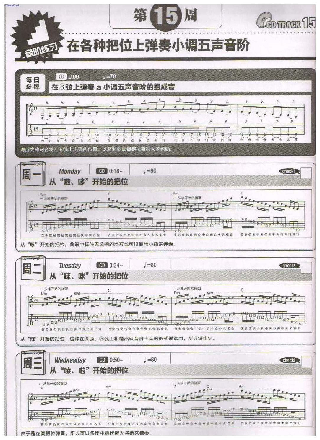 电吉他365日练习《在各种把位上弹奏小调五声音阶》第15周