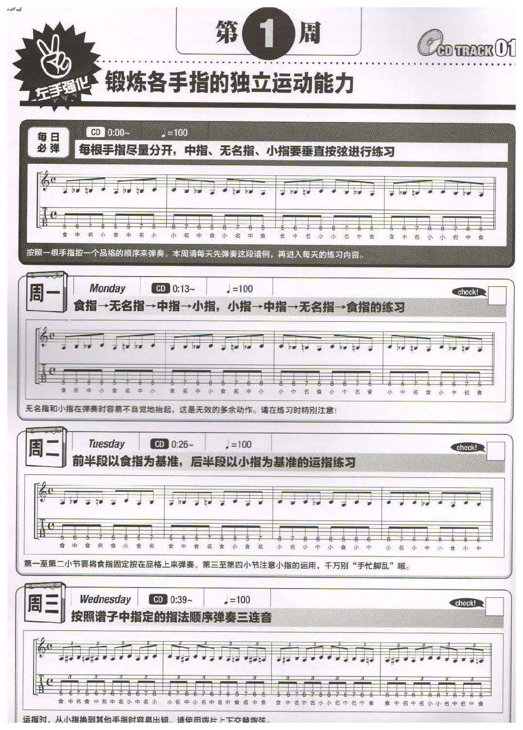 电吉他365日练习《锻炼各手指的独立运动能力》第1周