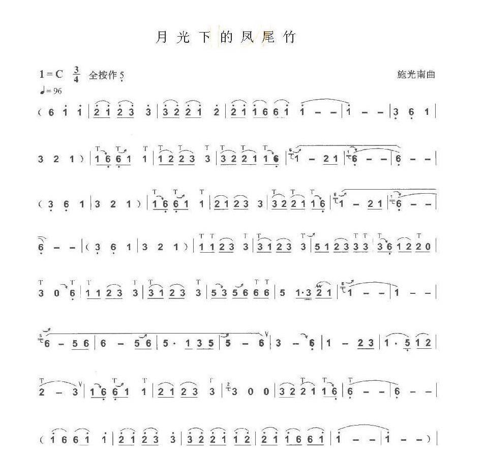 《月光下的凤尾竹/施光南曲》简单的巴乌乐曲