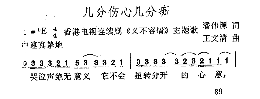 影视歌曲简谱【几分伤心几分痴】香港电视连续剧《义不容情》主题歌