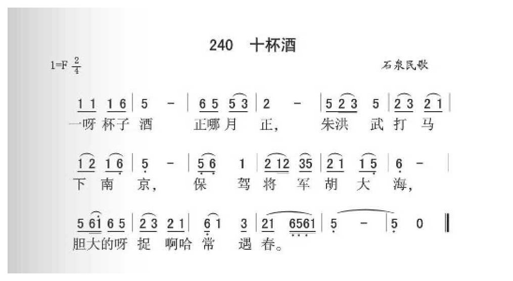 石泉民歌《十杯酒》简谱