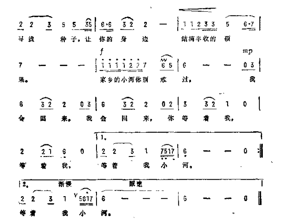 抒情歌曲简谱《等着我，小河》