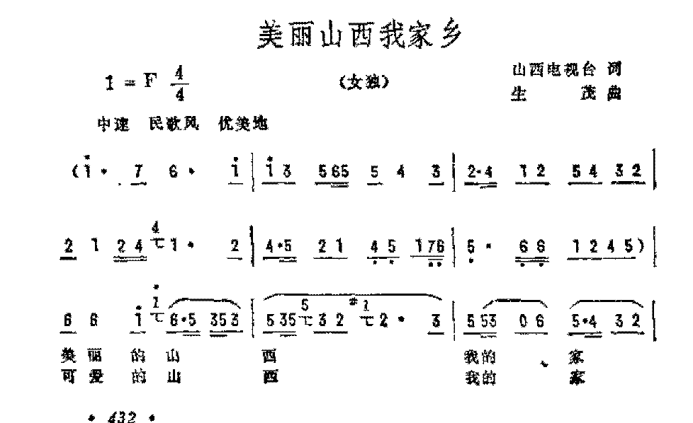 抒情歌曲简谱《美丽山西我家乡》