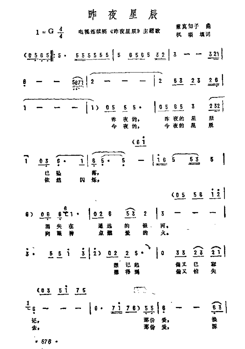影视歌曲简谱《昨夜星辰》
