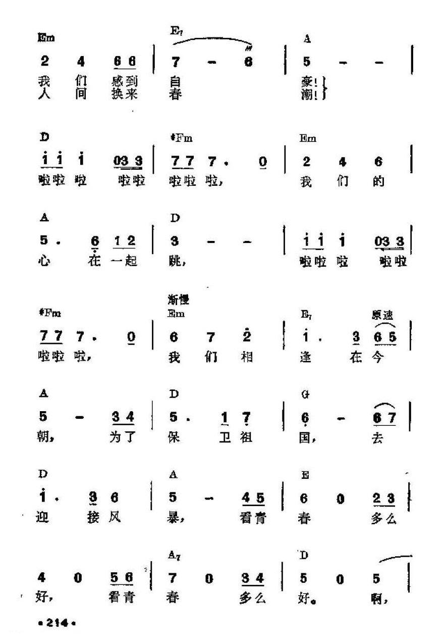 吉他伴奏谱《年轻的朋友》凯传 词/ 田丰 曲