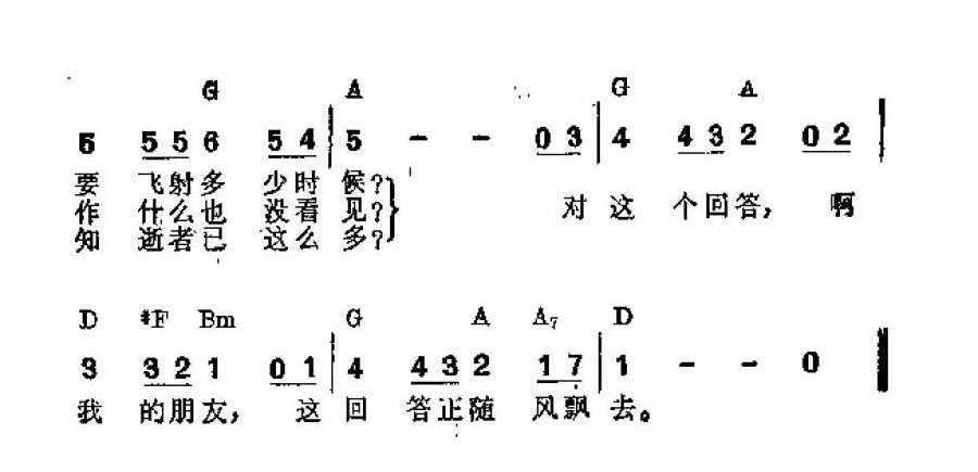 吉他伴奏谱《随风飘去》[美]鲍勃·狄兰 词/曲