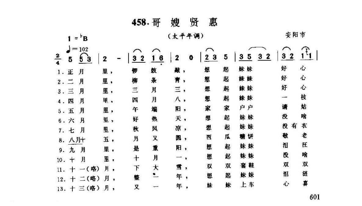 河南民间歌曲简谱 小调《哥嫂贤惠 太平年调》安阳市