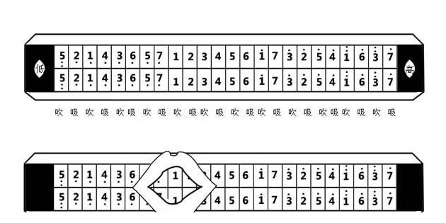 复音与十孔及半音阶口琴的音阶及吹吸排列图解