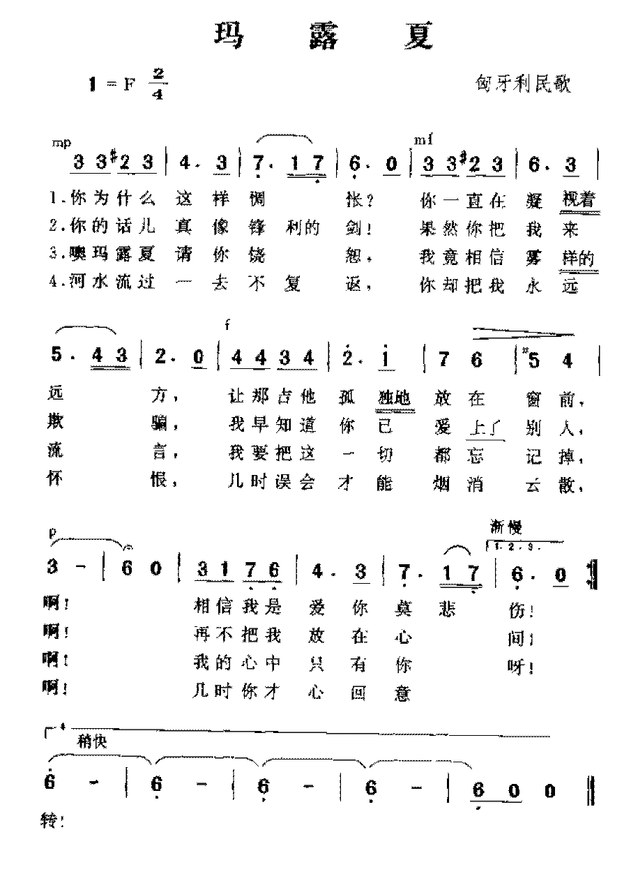 匈牙利歌曲《玛露夏》简谱