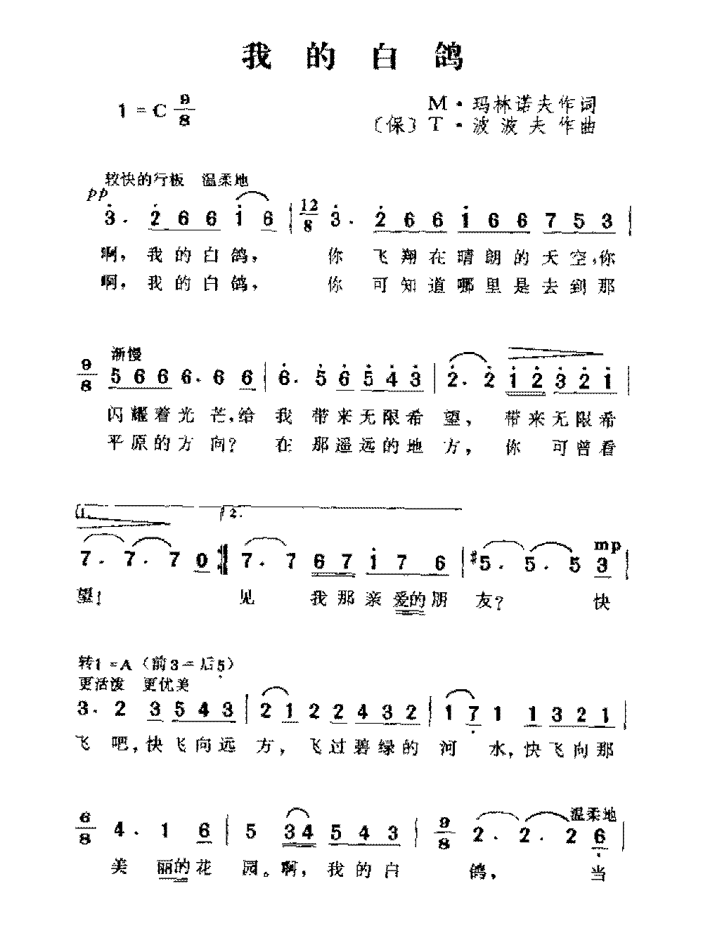 国外名曲《我的白鸽》简谱