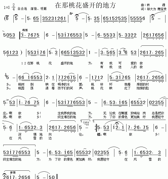 口琴简谱[在那桃花盛开的地方]