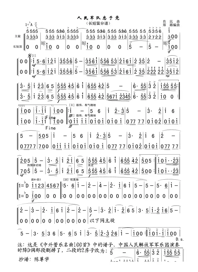 人民军队忠于党（主旋、长短笛分谱简谱）