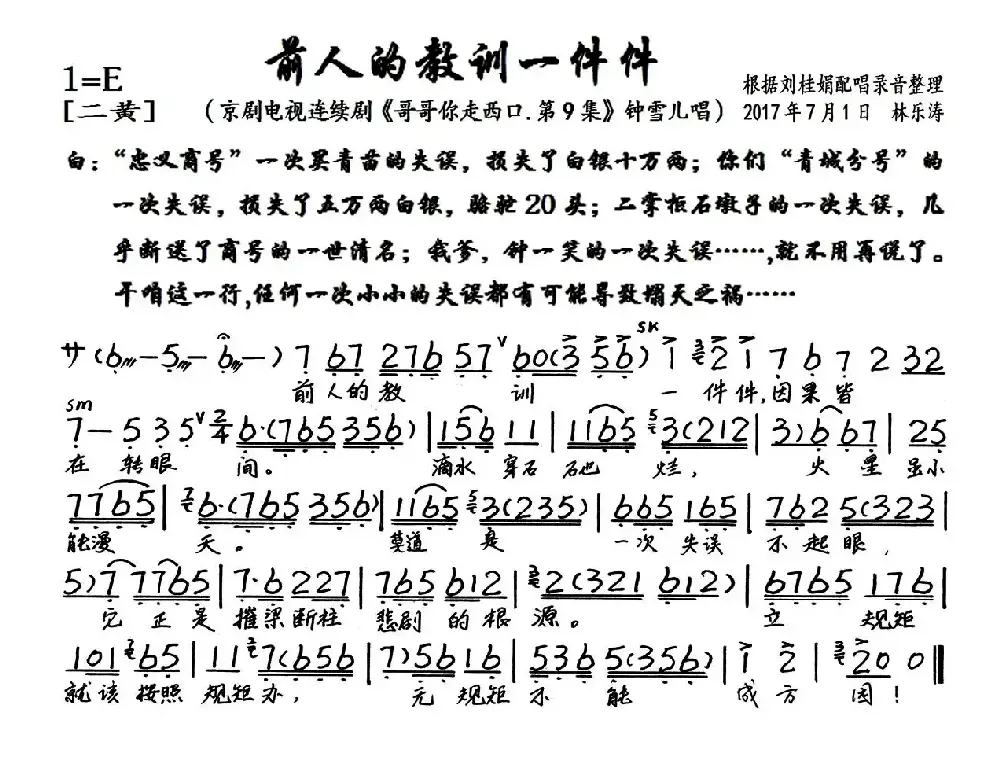 前人的教训一件件（京剧电视剧《哥哥你走西口.第9集》选段、琴谱）